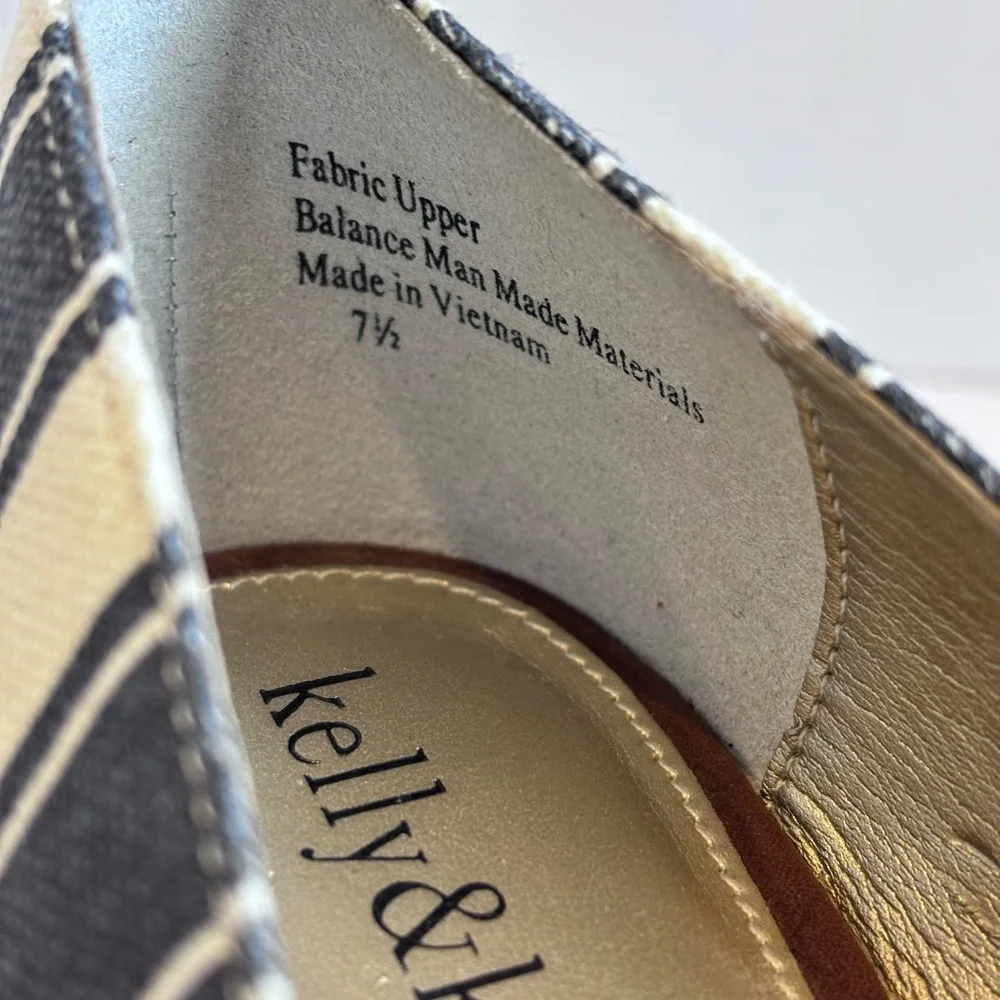 Kelly & Katie Women's Open Toe Low Wedge Cork Heel Blue White Stripe Fabric Shoe